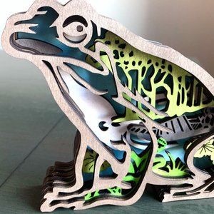 Frog Amphibian Wetlands Scene Wooden Wood 3D Shadow Box Diorama Figure Sculpture